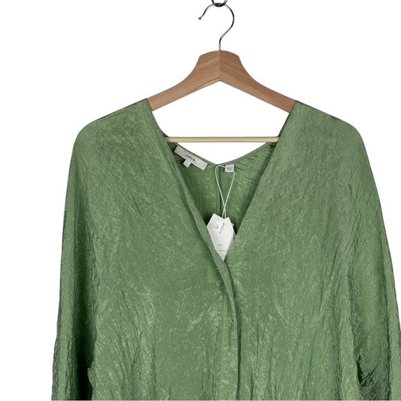 VINCE PISTACHIO GREEN BLOUSE DOUBLE V-NECK SILKY LONG SLEEVE PULL OVER TOP - Picture 7 of 15